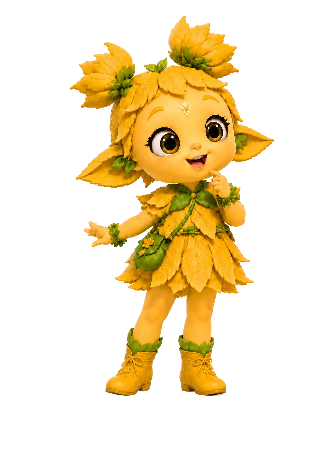 Ellie, a golden-yellow botanical creature with twin leaf pom-pom pigtails and a bright curious smile