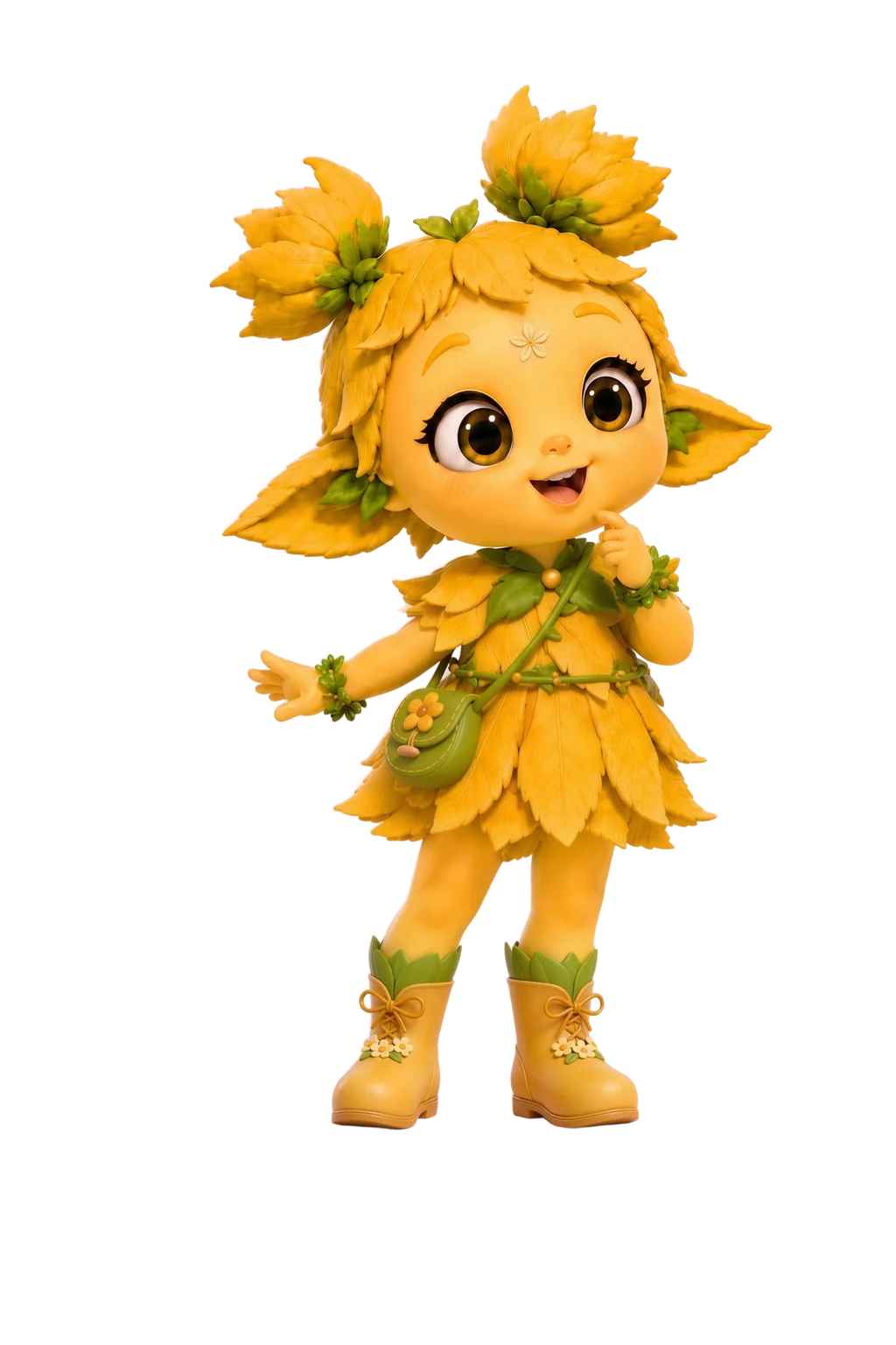 Ellie, a golden-yellow botanical creature with twin leaf pom-pom pigtails and a bright curious smile
