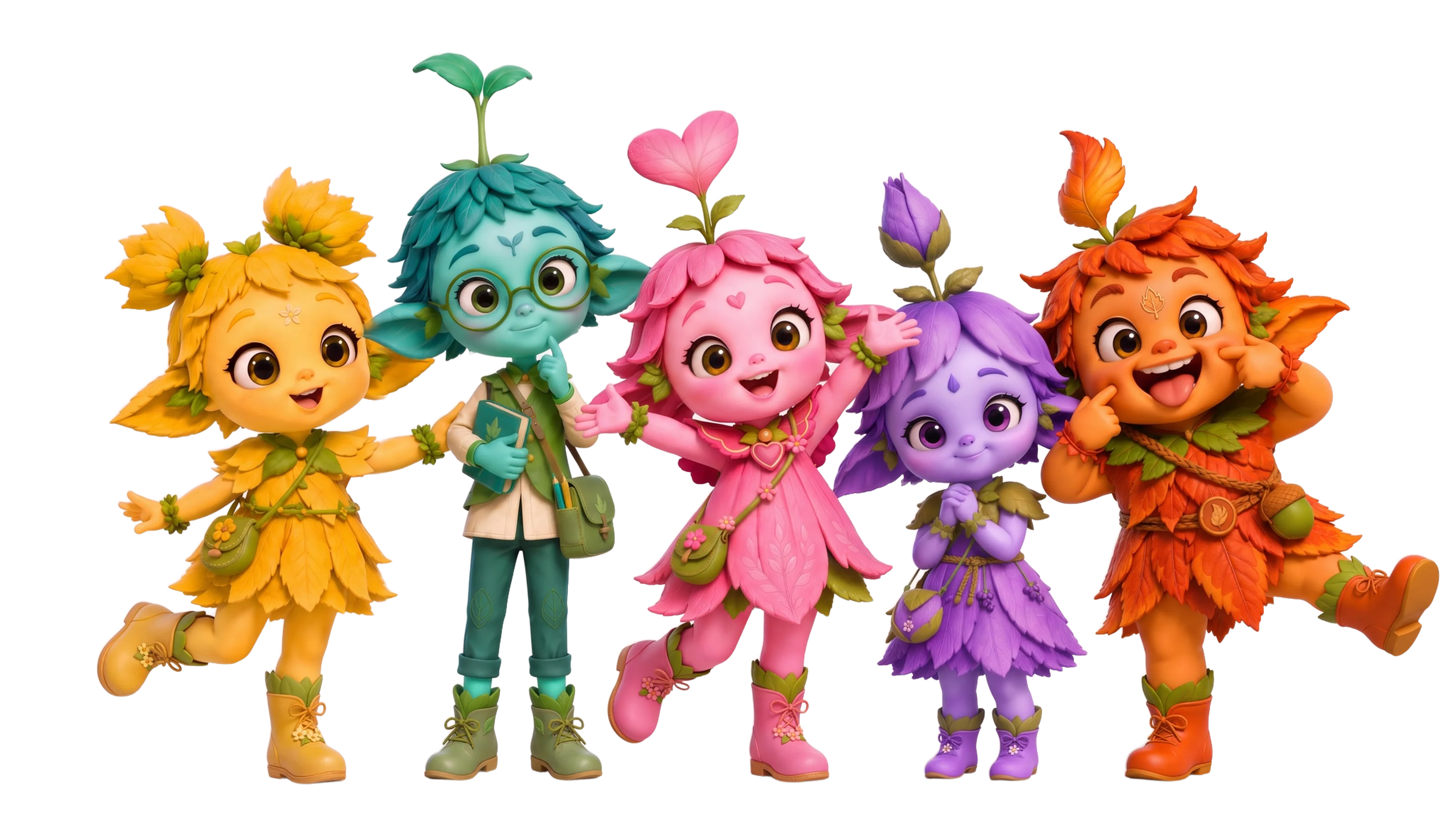 All five Mimlings standing together, laughing and holding hands