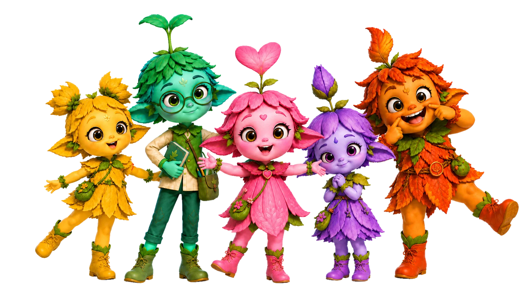 All five Mimlings standing together, laughing and holding hands