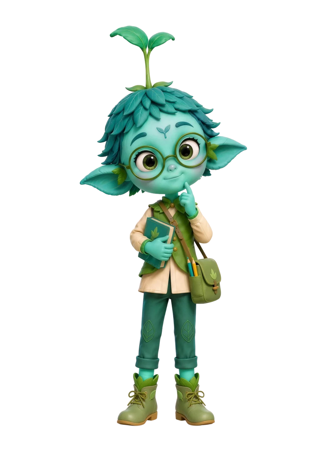 Marsh, a tall teal botanical creature with round green glasses, two tall leaves on his head, and a calm serious expression