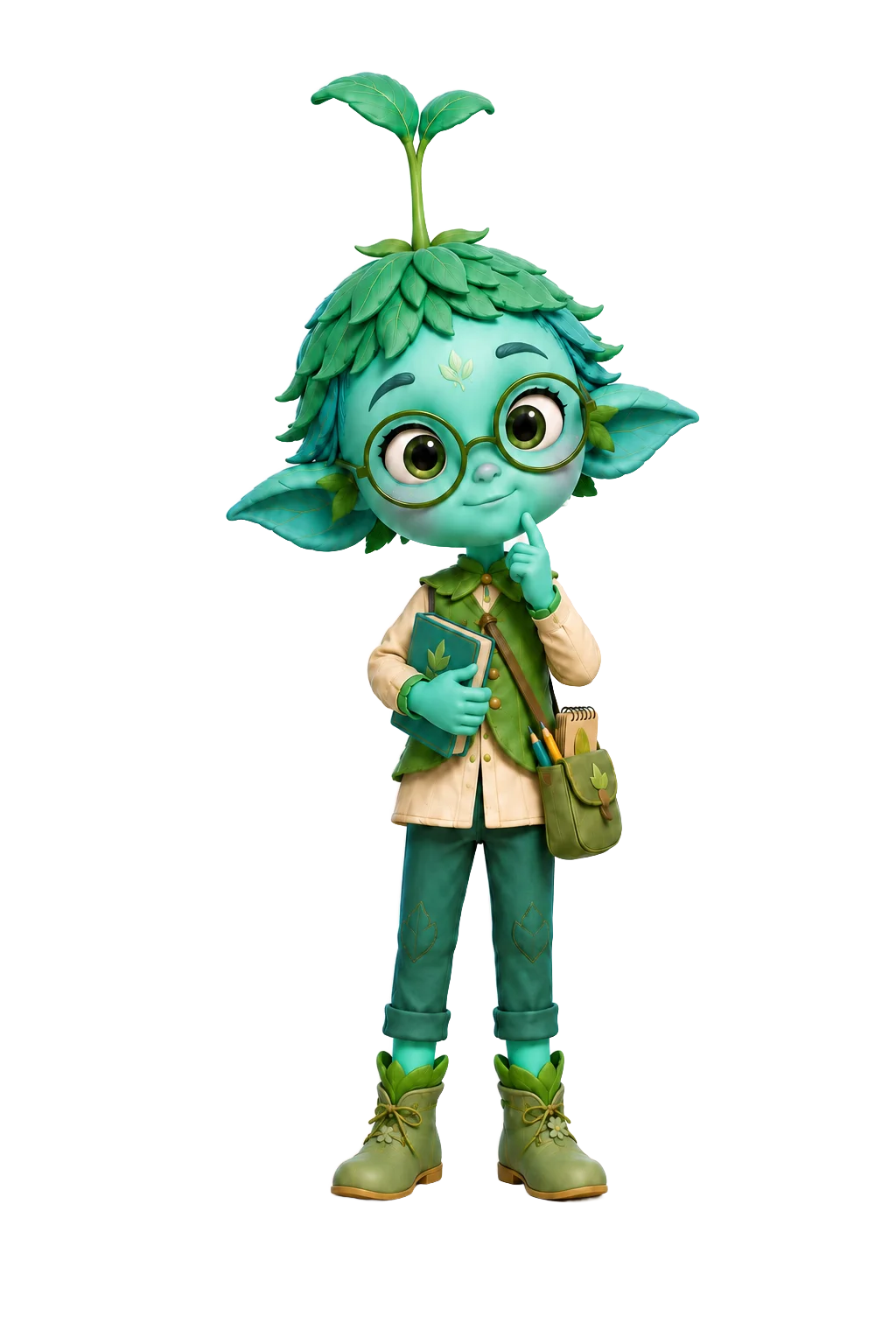 Marsh, a tall teal botanical creature with round green glasses, two tall leaves on his head, and a calm serious expression