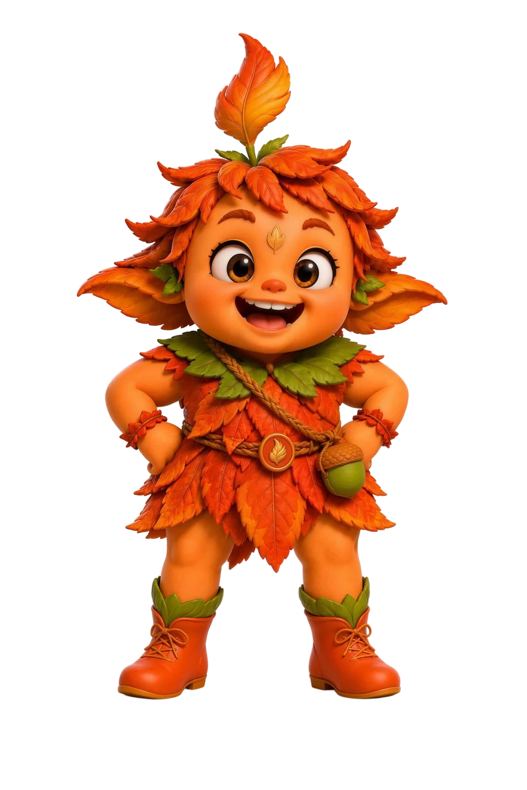 Melo, a round orange-red botanical creature with wild leaf hair, a flame-shaped leaf sprout, and a huge happy grin