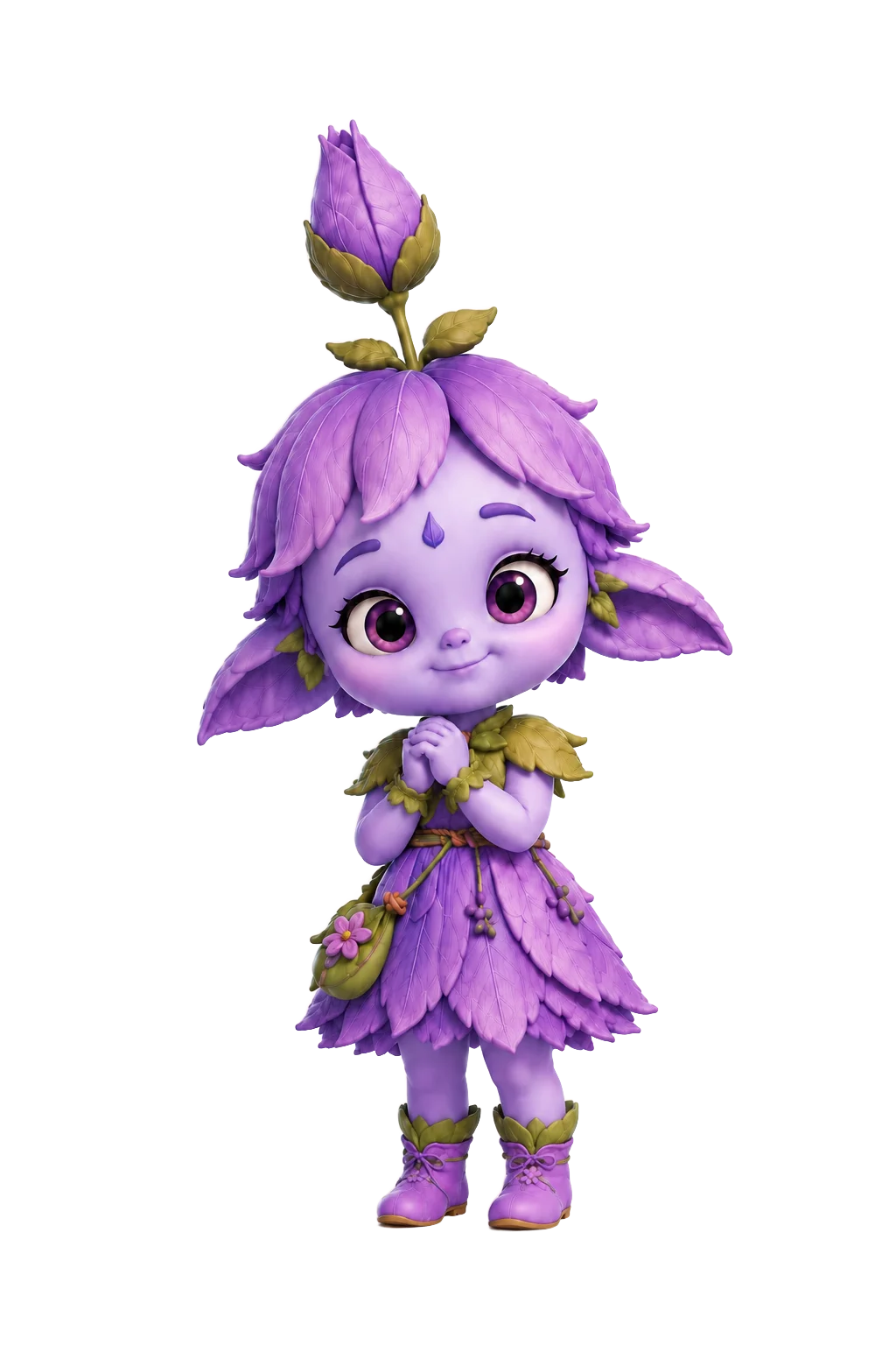 Sophie, a tiny lavender botanical creature with a closed purple bud on her head and a gentle shy smile