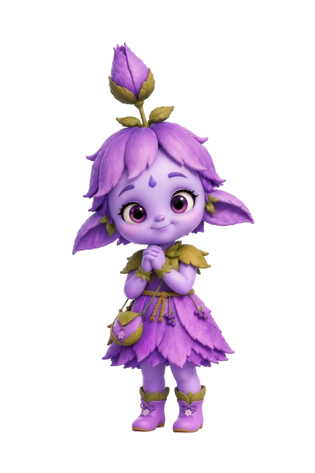 Sophie, a tiny lavender botanical creature with a closed purple bud on her head and a gentle shy smile